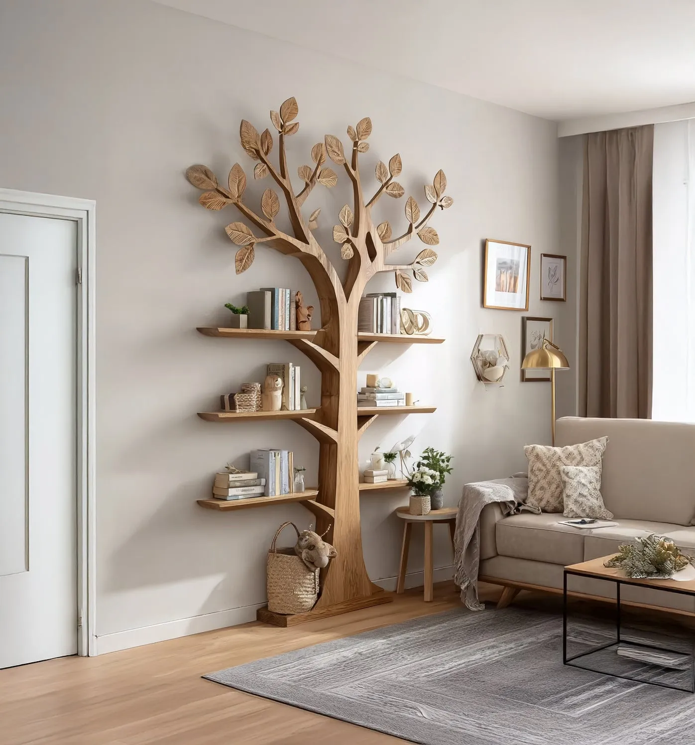 Rustic Wooden Tree Bookshelf: Wall-Mounted Bookcase, Natural Wood Furniture - Image 3