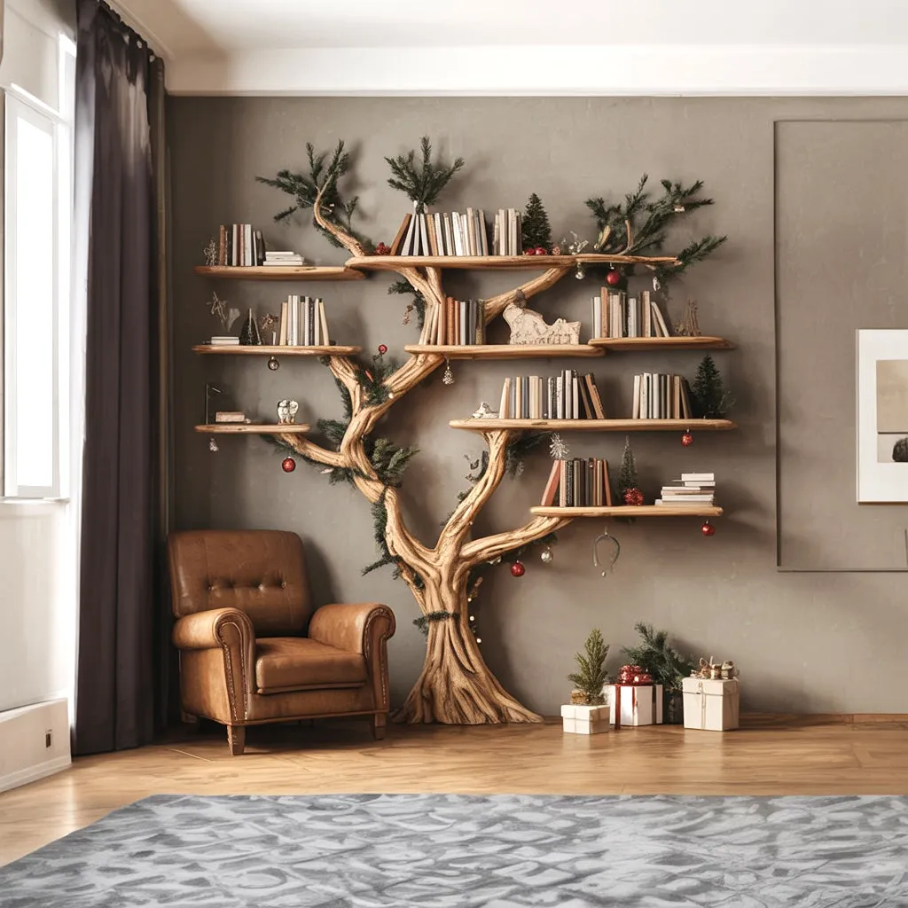 Rustic Tree Shaped Wooden Bookshelf with Branch Design for Living Room or Home Library