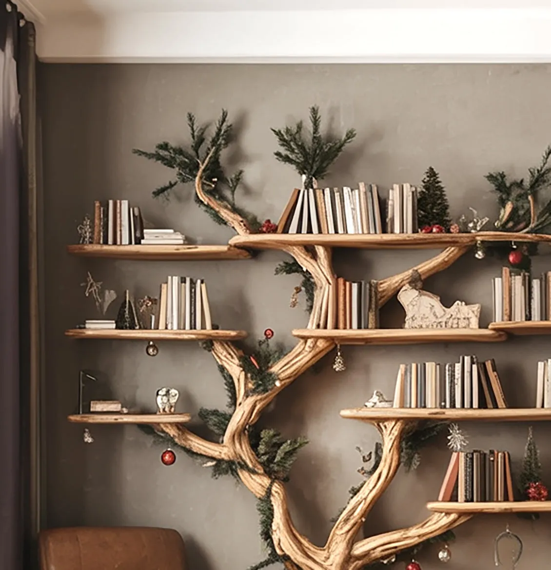 Rustic Tree Shaped Wooden Bookshelf with Branch Design for Living Room or Home Library - Image 2