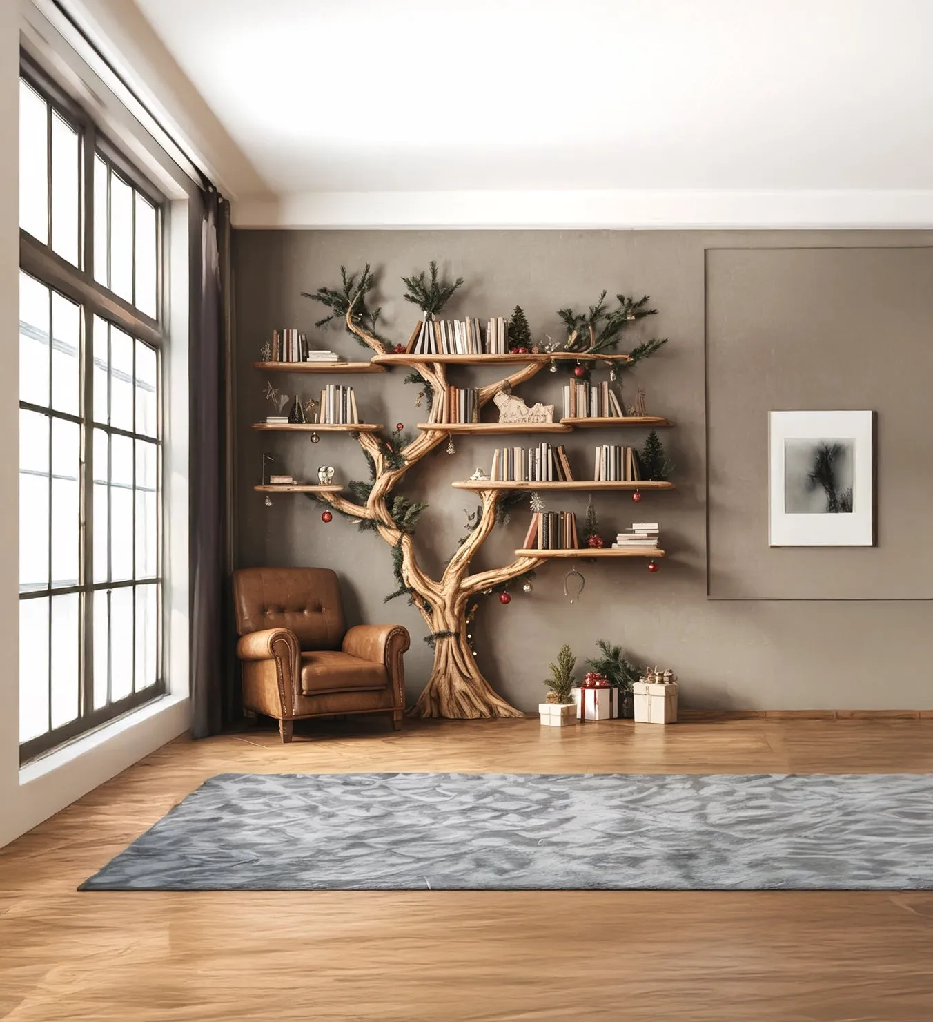 Rustic Tree Shaped Wooden Bookshelf with Branch Design for Living Room or Home Library - Image 3