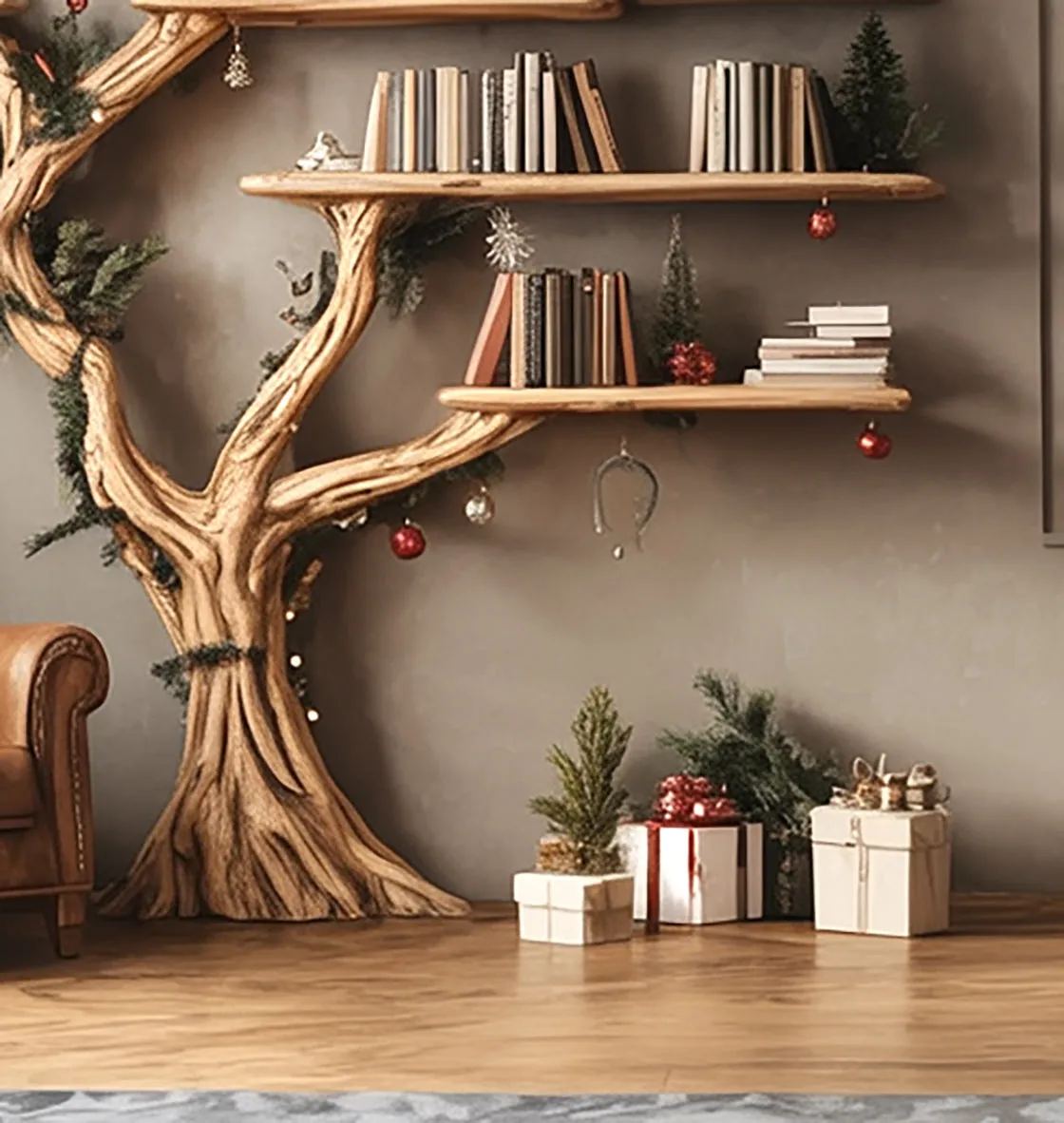 Rustic Tree Shaped Wooden Bookshelf with Branch Design for Living Room or Home Library - Image 4