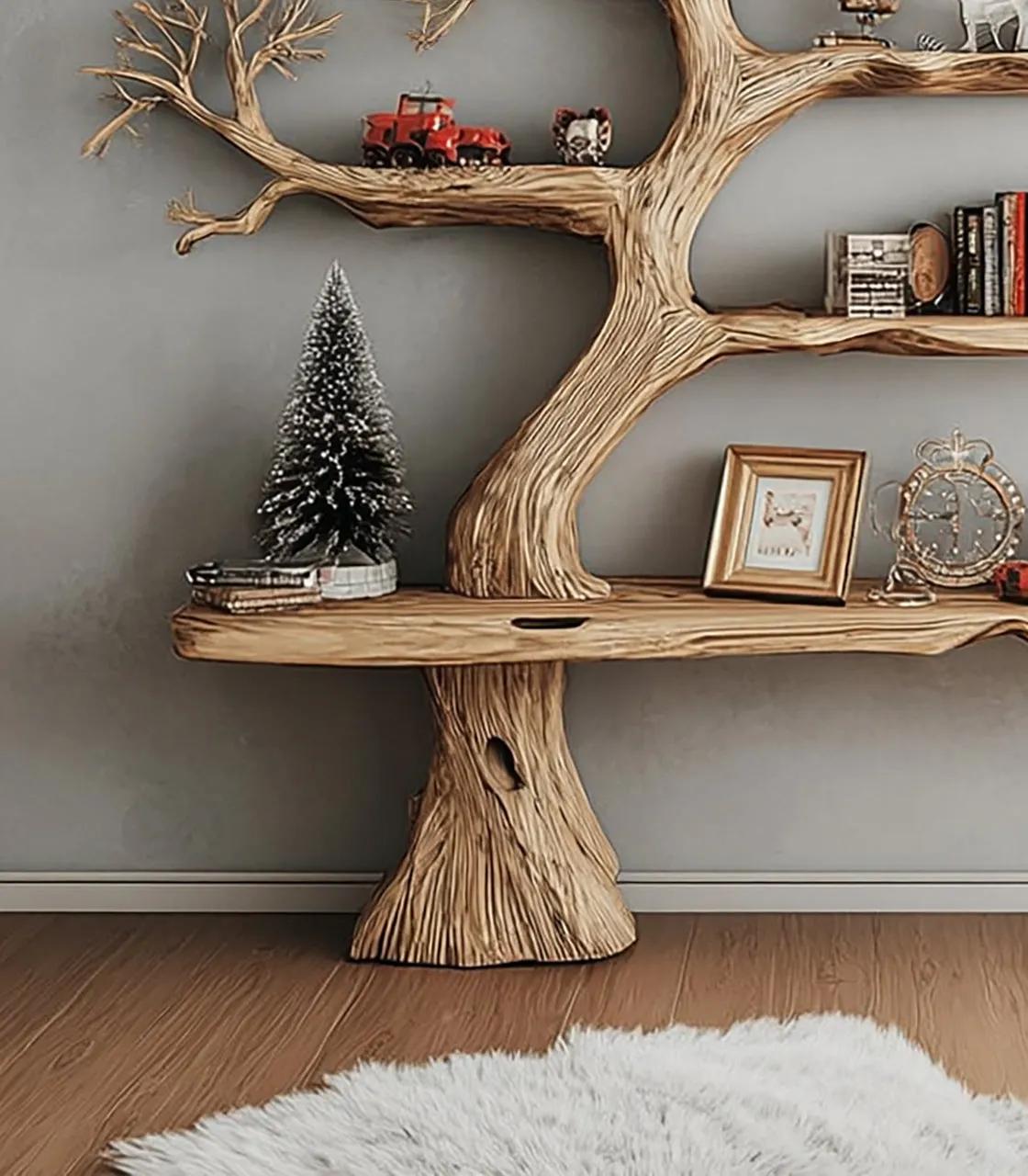 Rustic Tree Shaped Wooden Bookshelf with Branch Design for Living Room or Home Library - Image 2
