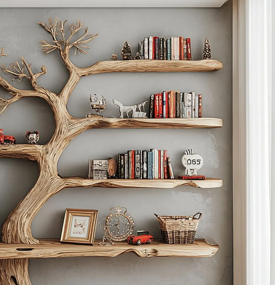 Rustic Tree Shaped Wooden Bookshelf with Branch Design for Living Room or Home Library - Image 3