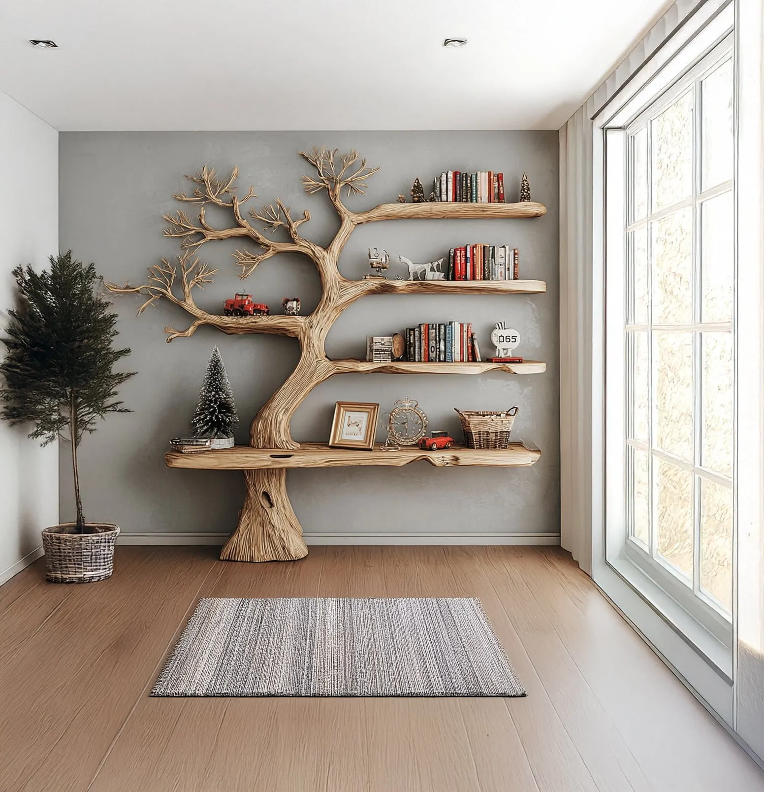 Rustic Tree Shaped Wooden Bookshelf with Branch Design for Living Room or Home Library - Image 4