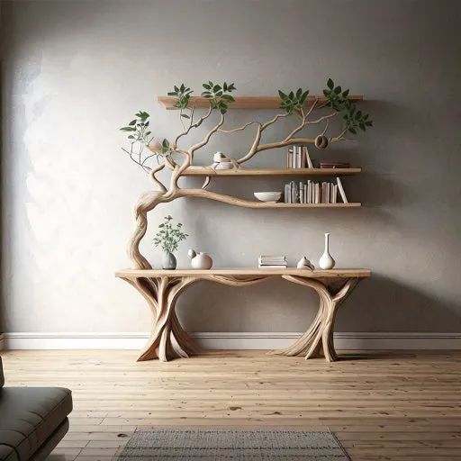 Handmade Rustic Console Table with Tree Branch Bookshelf – Live Edge Farmhouse Entryway Table, Natural Wood - Image 3