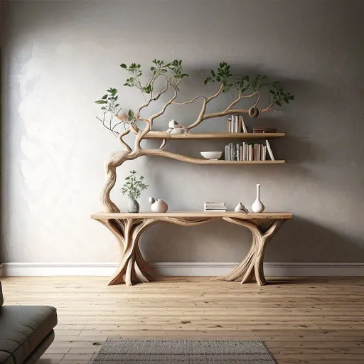 Handmade Rustic Console Table with Tree Branch Bookshelf – Live Edge Farmhouse Entryway Table, Natural Wood - Image 4