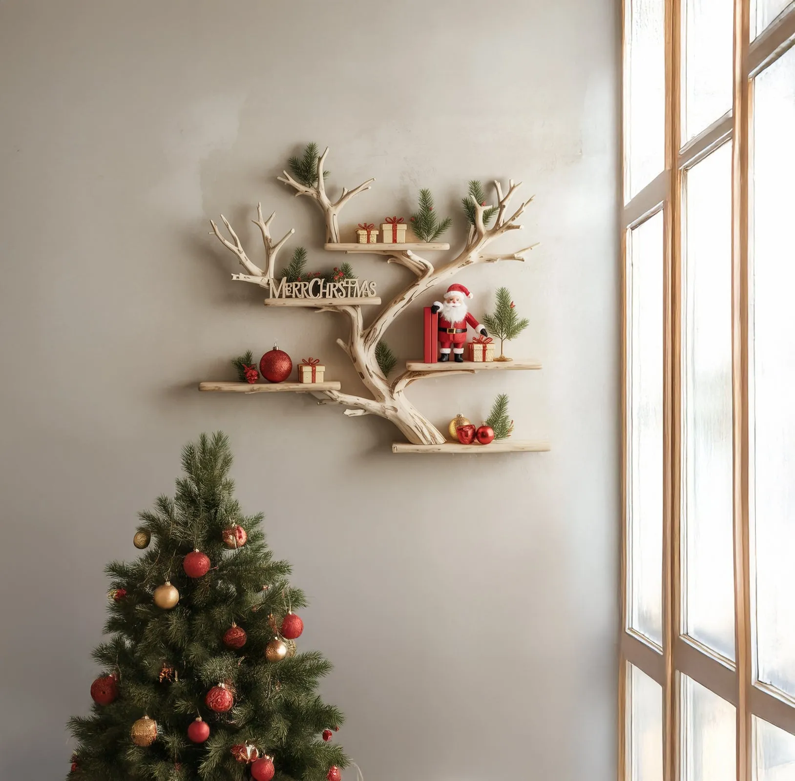 Rustic Corner Floating Bookshelf – Live Edge Driftwood Branch Wall Mounted Tree Shelf - Image 3
