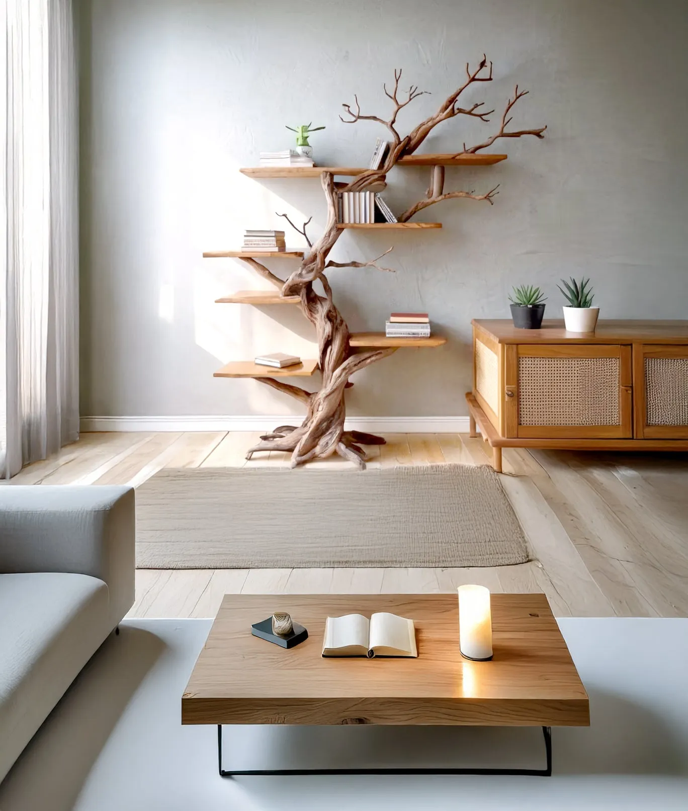 Rustic Mahogany Tree Bookshelf – Tall Wooden Storage Shelves for Living Room Decor - Image 2