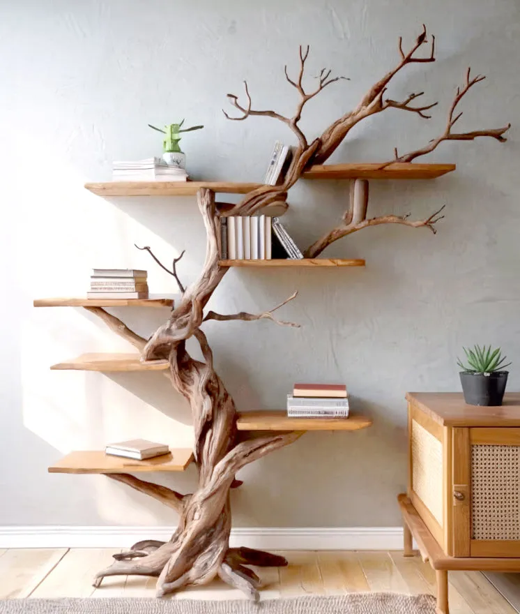 Rustic Mahogany Tree Bookshelf – Tall Wooden Storage Shelves for Living Room Decor - Image 3