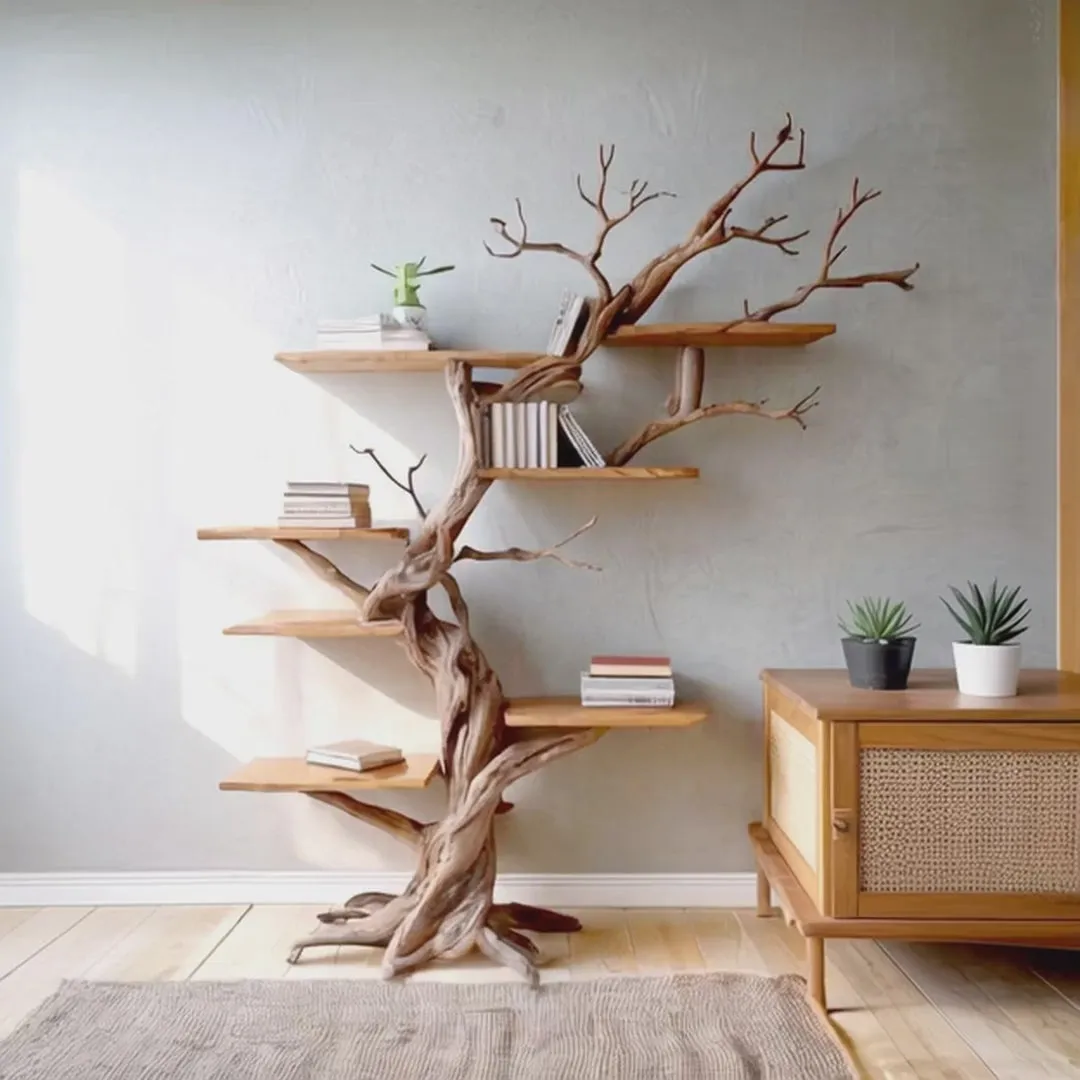 Rustic Mahogany Tree Bookshelf – Tall Wooden Storage Shelves for Living Room Decor - Image 4