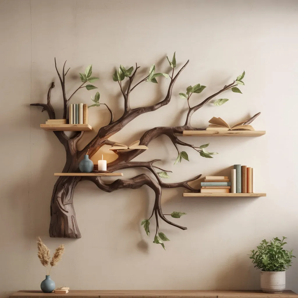 Rustic Corner Floating Bookshelf – Live Edge Driftwood Branch Wall Décor