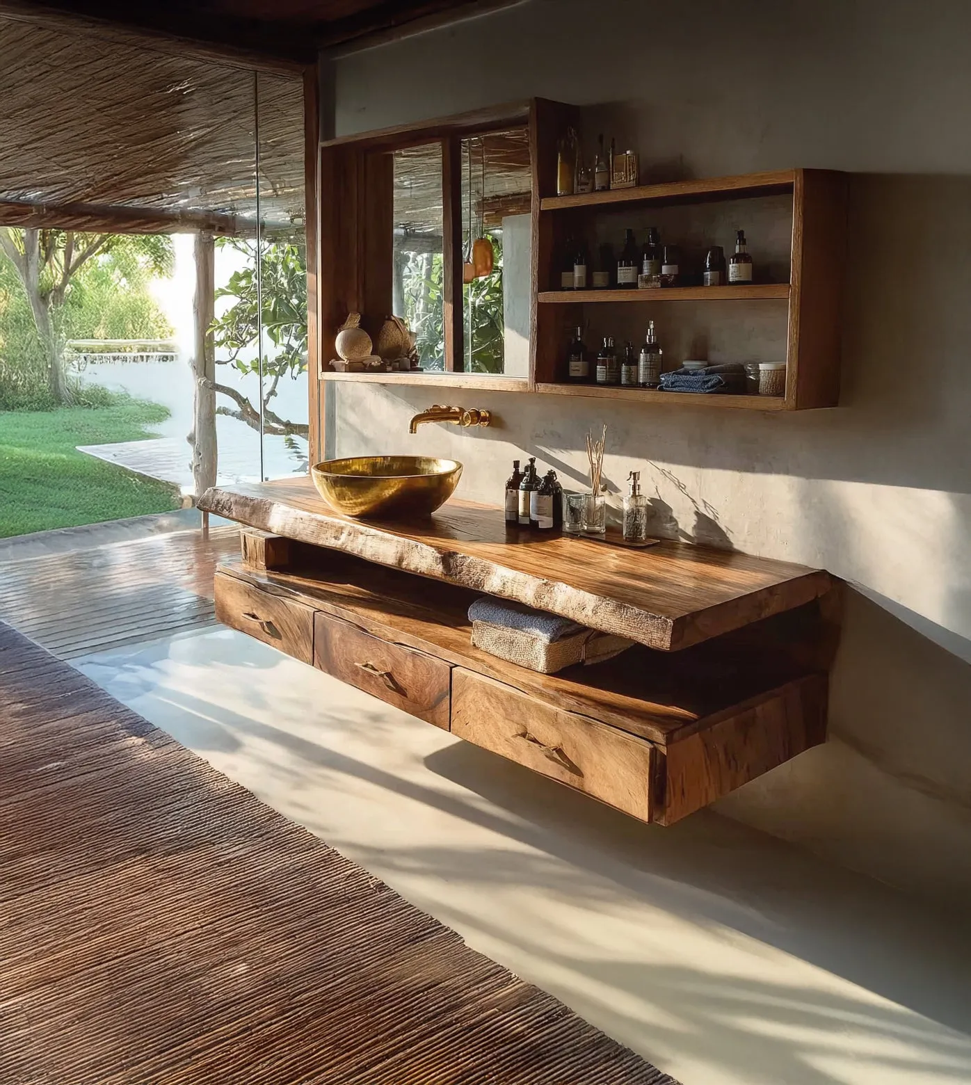 Modern Floating Wooden Vanity – Handmade Rustic Solid Wood Bathroom Cabinet - Image 2