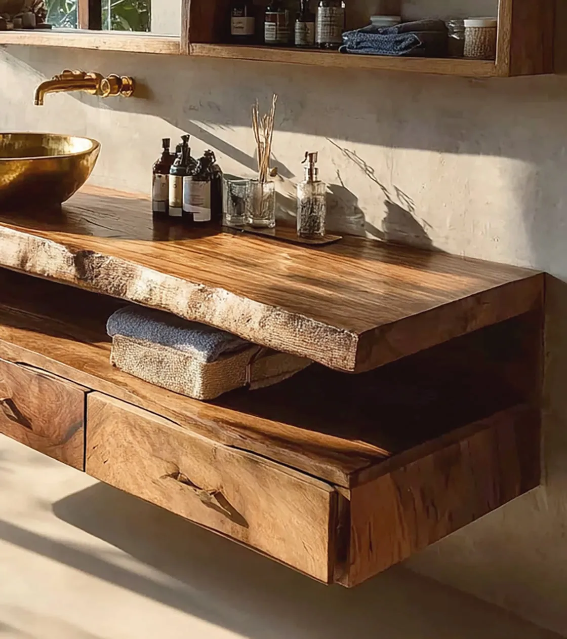 Modern Floating Wooden Vanity – Handmade Rustic Solid Wood Bathroom Cabinet - Image 3