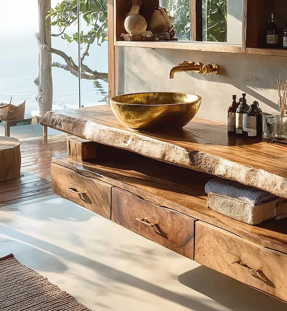 Modern Floating Wooden Vanity – Handmade Rustic Solid Wood Bathroom Cabinet - Image 4