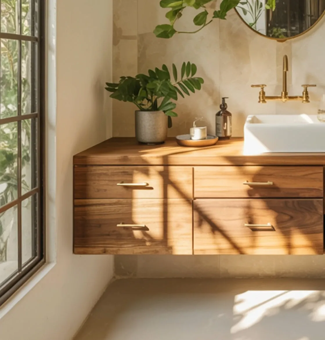Floating Wooden Bathroom Vanity – Handmade Rustic Solid Wood Sink Cabinet - Image 3