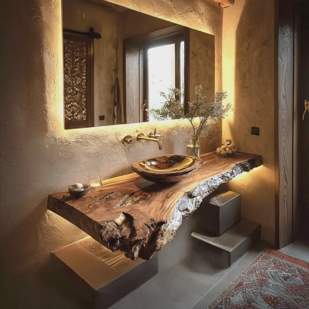 Rustic Live Edge Floating Vanity – Handmade Wooden Bathroom Shelf with Brackets - Image 5