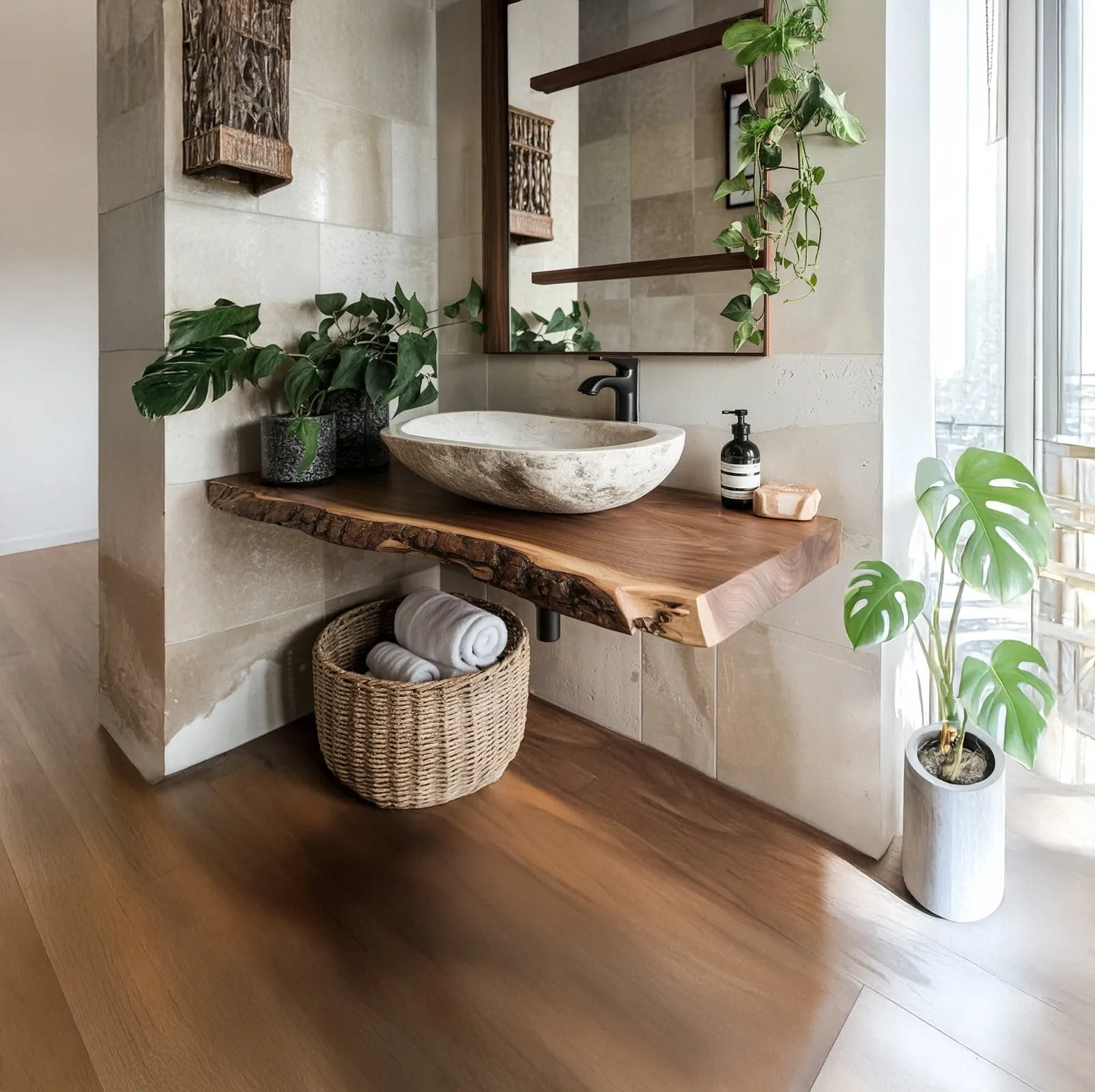 Handcrafted Rustic Floating Bathroom Vanity – Unique Live Edge Shelf with Custom Natural Sink Unit - Image 3