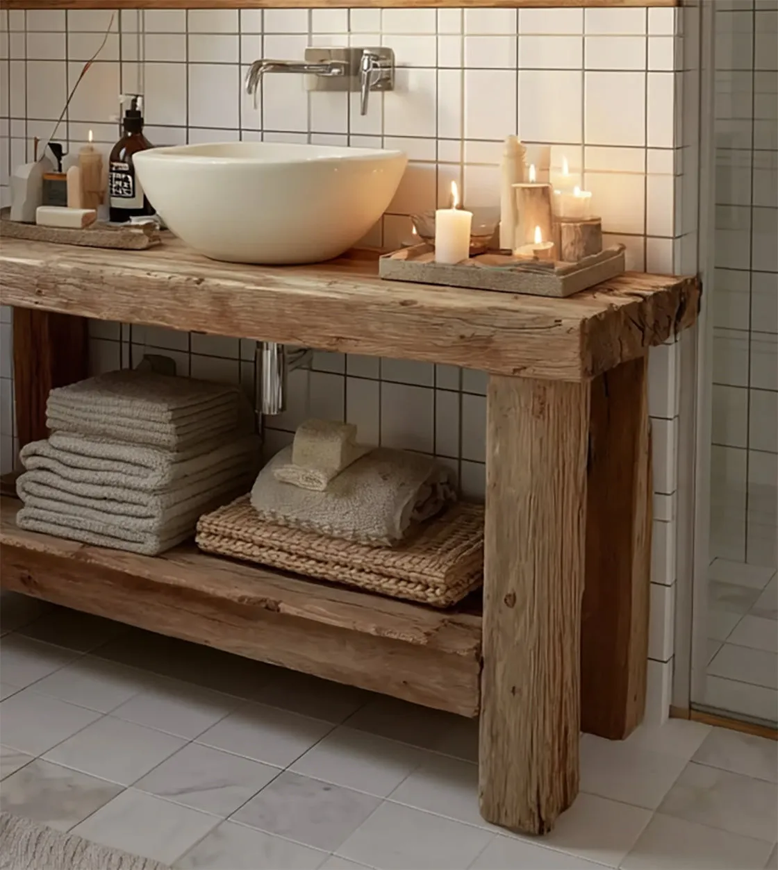 Rustic Reclaimed Wood Bathroom Vanity – Handmade Solid Timber Sink Console with Shelf - Image 4