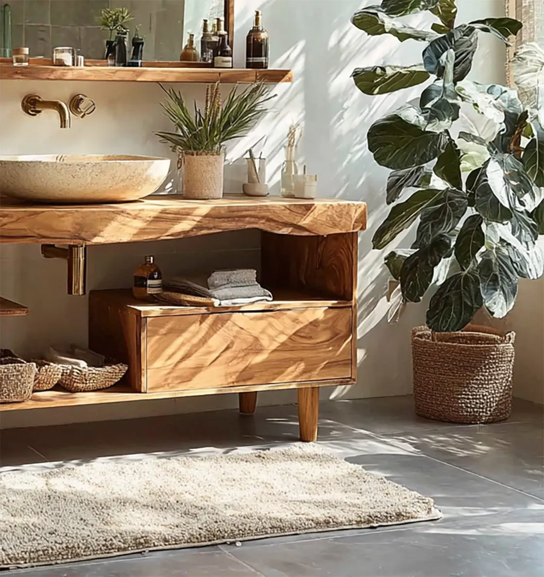 Rustic Live Edge Wood Bathroom Vanity – Handmade Solid Teak Sink Console with Storage - Image 2