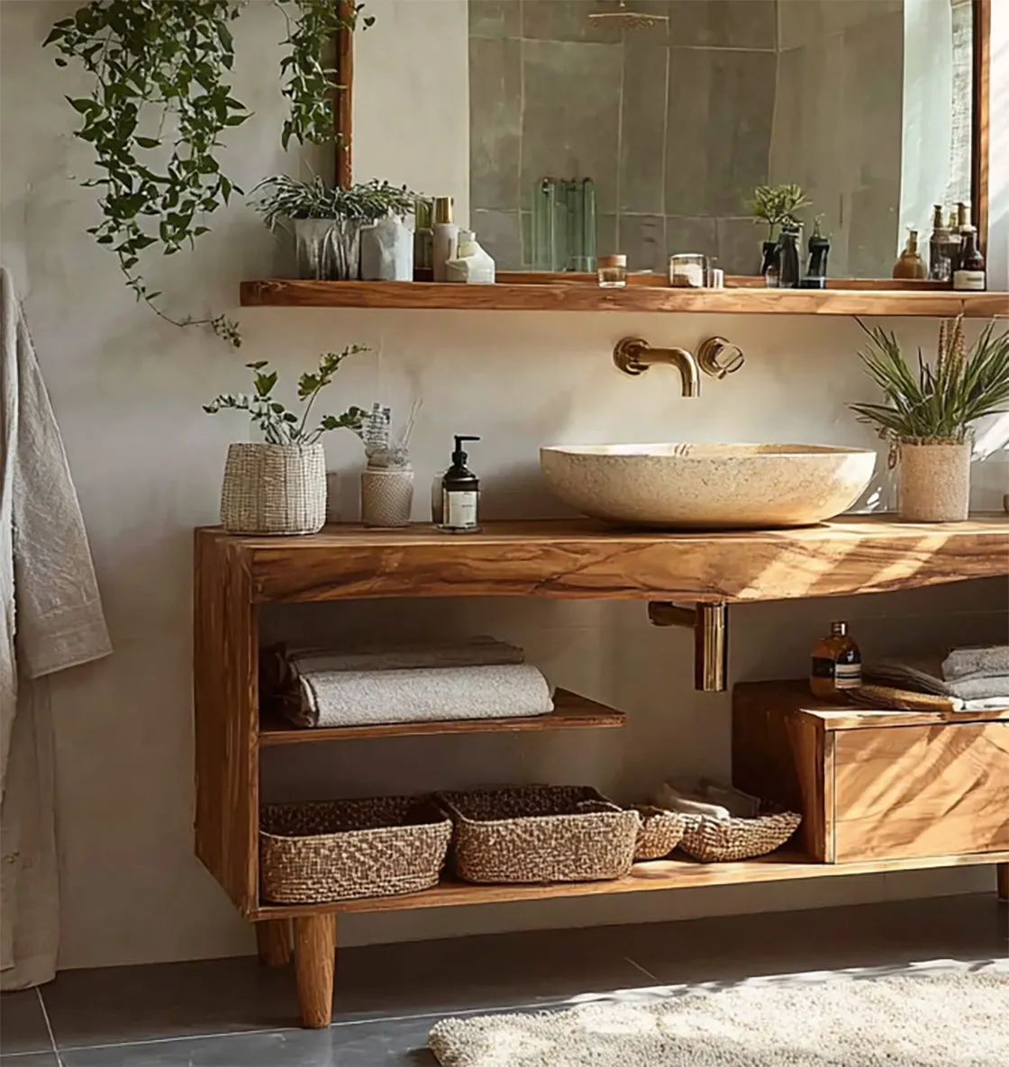 Rustic Live Edge Wood Bathroom Vanity – Handmade Solid Teak Sink Console with Storage - Image 3