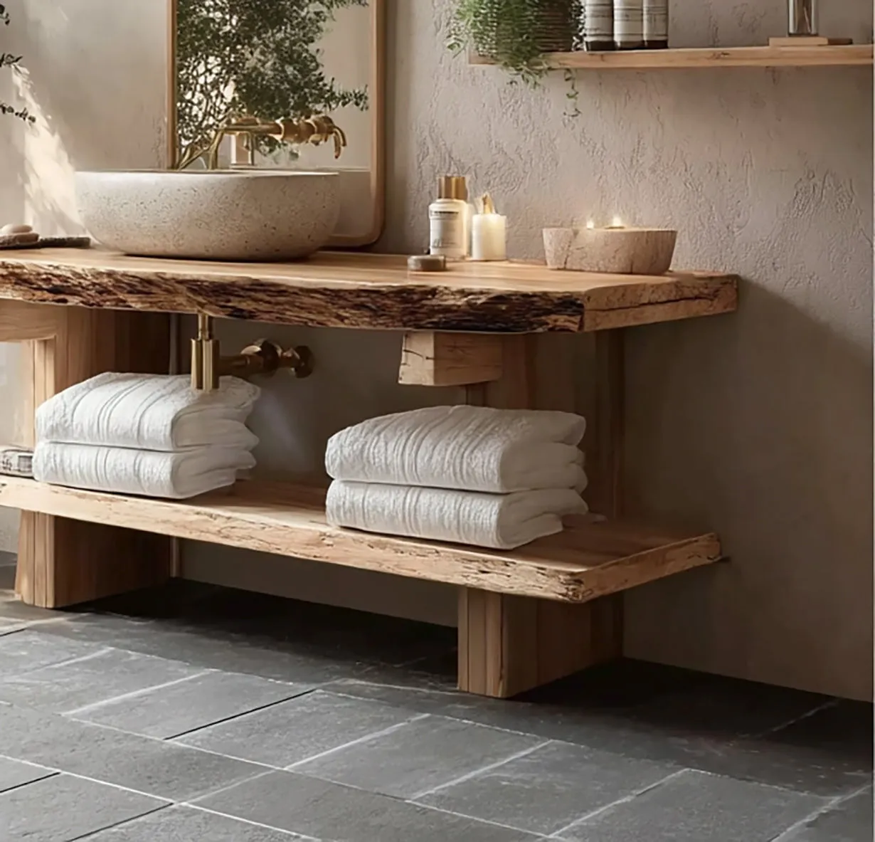 Live Edge Wood Bathroom Vanity – Handmade Rustic Solid Wood Sink Console with Shelf - Image 2