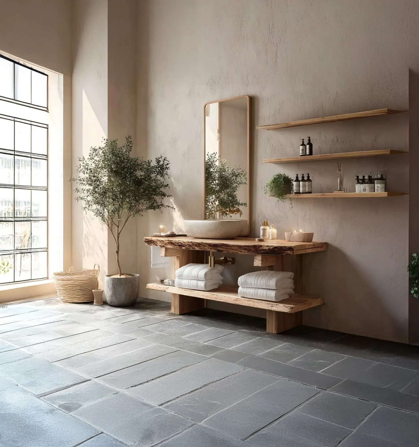 Live Edge Wood Bathroom Vanity – Handmade Rustic Solid Wood Sink Console with Shelf - Image 4