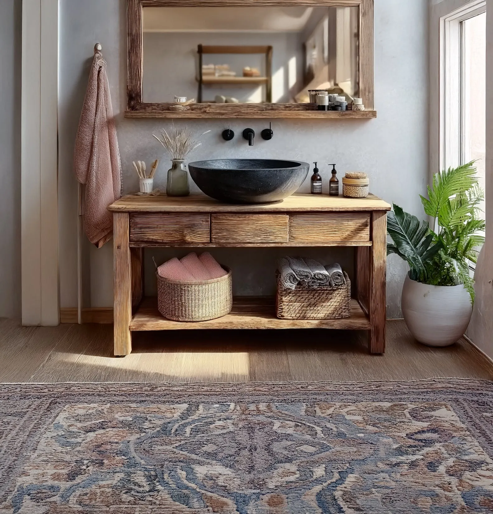 Wooden Rustic Handmade Bathroom Vanity – Live Edge Solid Wood Cabinet Sink Table Countertop - Image 2