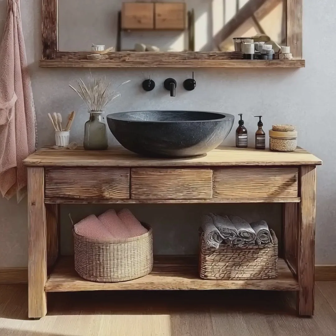 Wooden Rustic Handmade Bathroom Vanity – Live Edge Solid Wood Cabinet Sink Table Countertop - Image 5