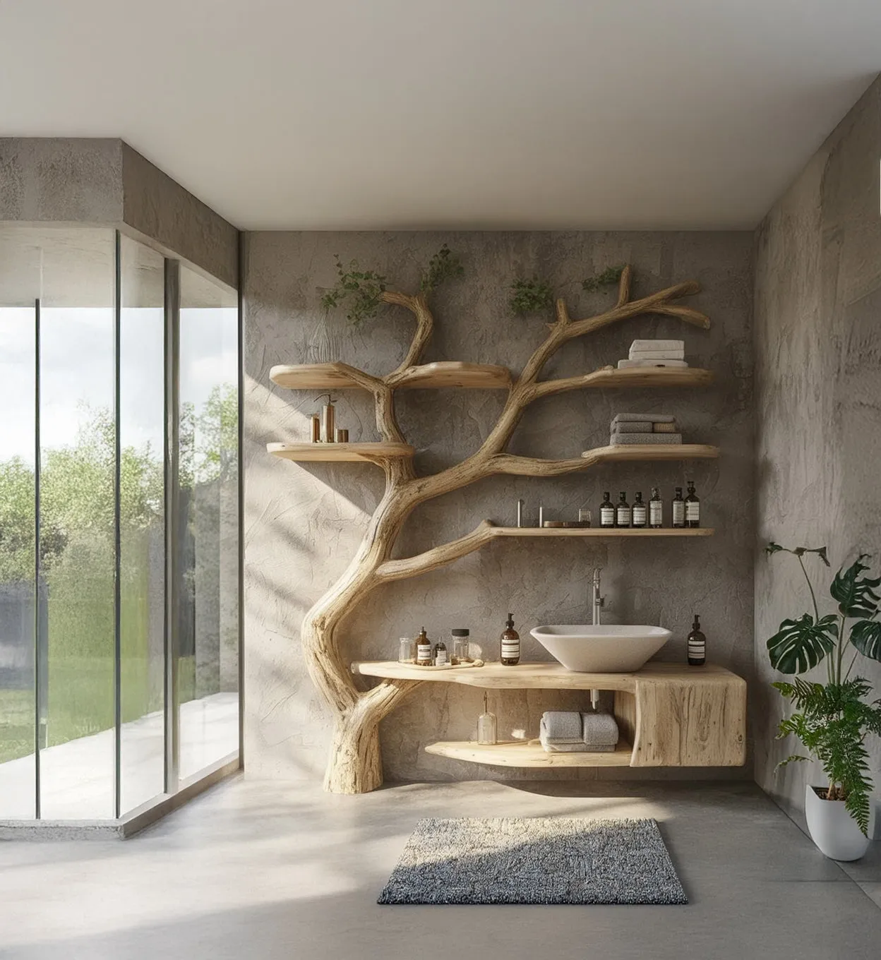 Rustic Solid Wood Vanity – Handmade Bathroom Sink with Floating Tree Branch Shelves, Artistic Home Decor Gift - Image 2