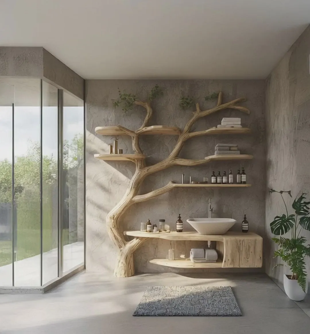 Rustic Solid Wood Vanity – Handmade Bathroom Sink with Floating Tree Branch Shelves, Artistic Home Decor Gift - Image 3