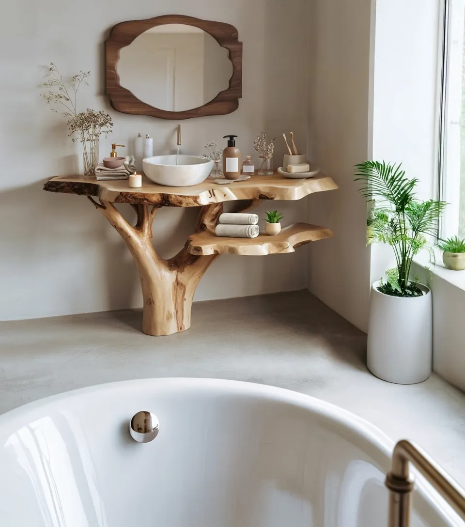 Reclaimed Live Edge Counter Wood Bathroom Vanity – Handmade Floating Vanity, Rustic Wall Mounted Vessel Sink - Image 2