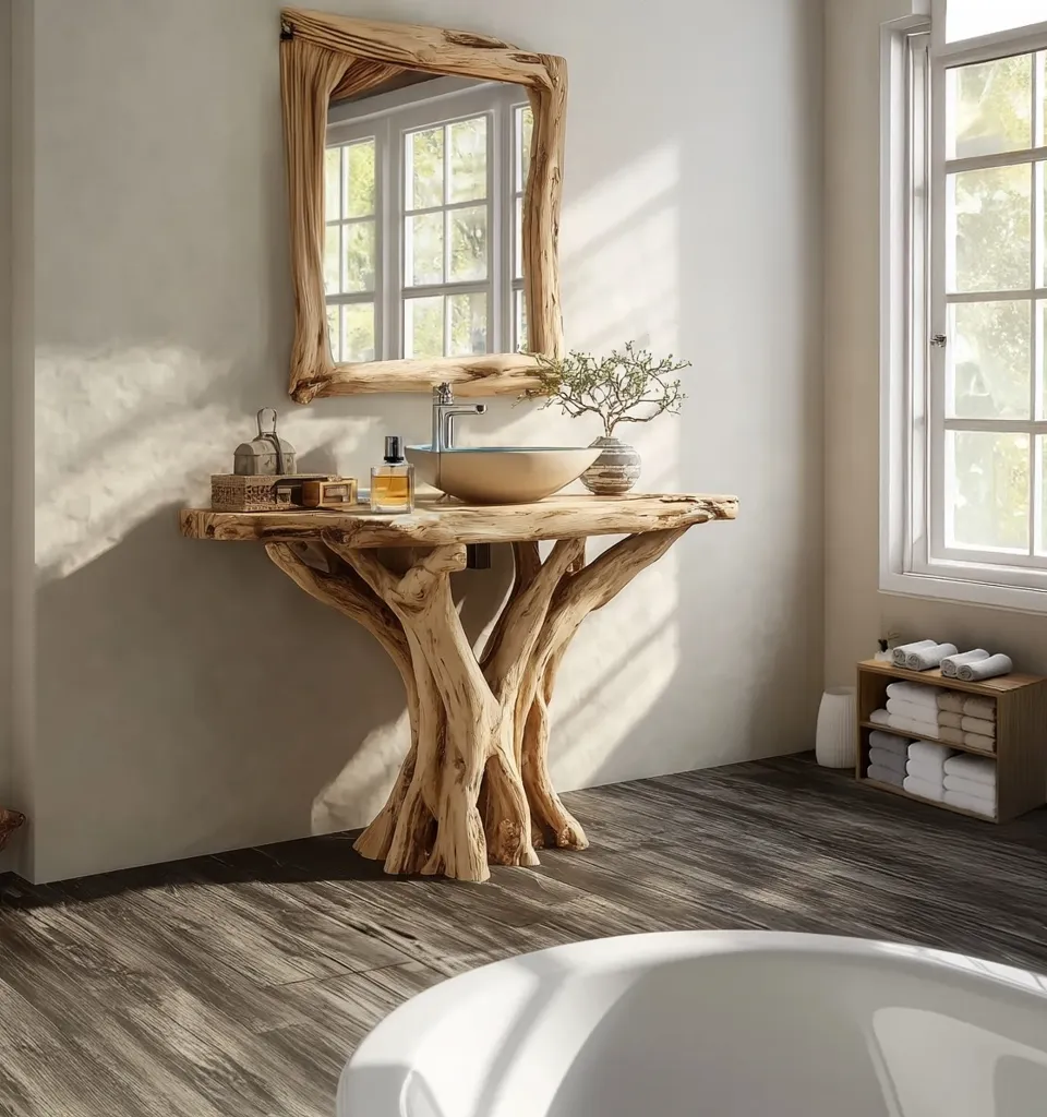 Farmhouse Corner Bathroom Vanity Wood – Live Edge Sink Shelf, Modern Unique Rustic Corner Vanity - Image 3