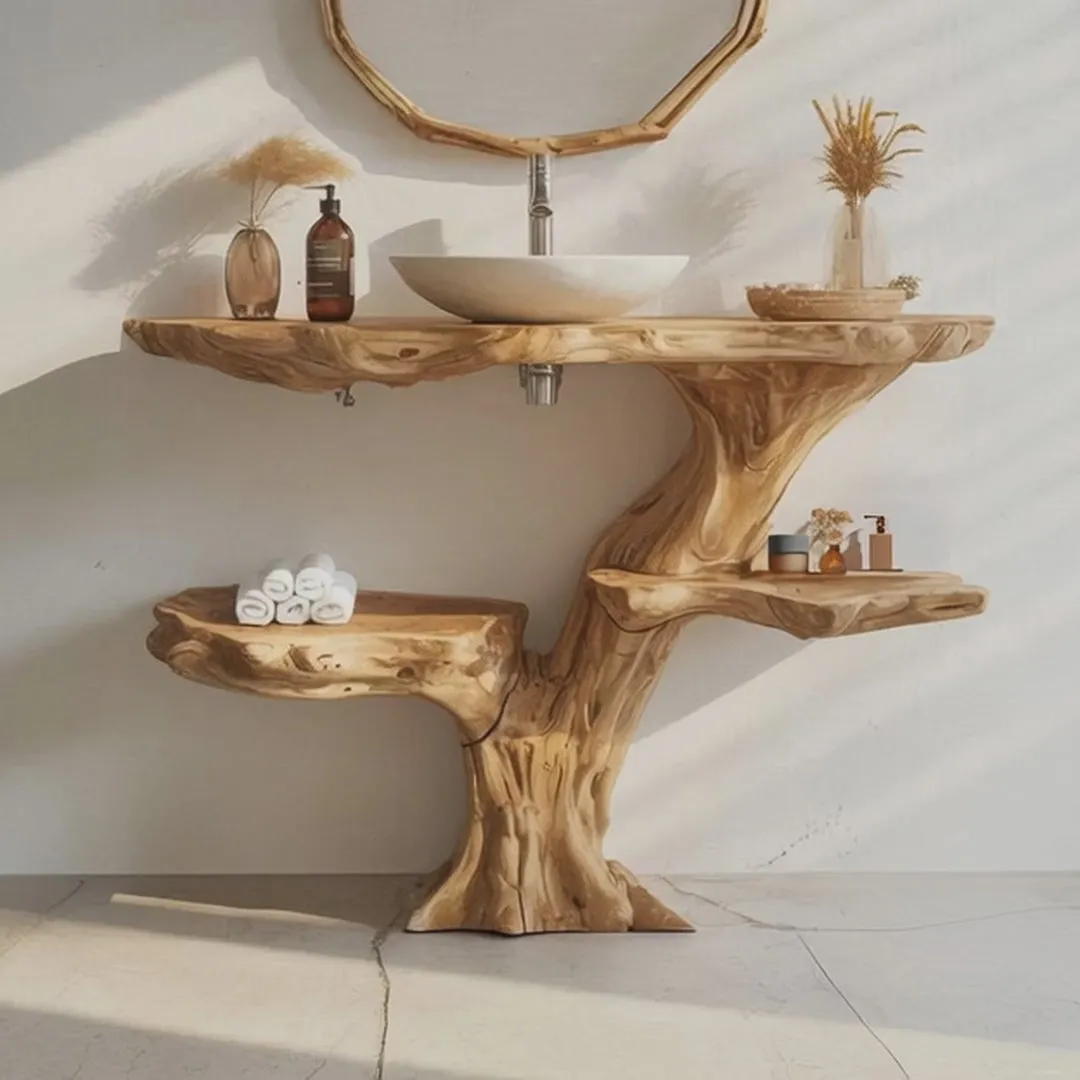 Rustic Wall Mounted Vessel Sink – Reclaimed Live Edge Wooden Bathroom Vanity - Image 5