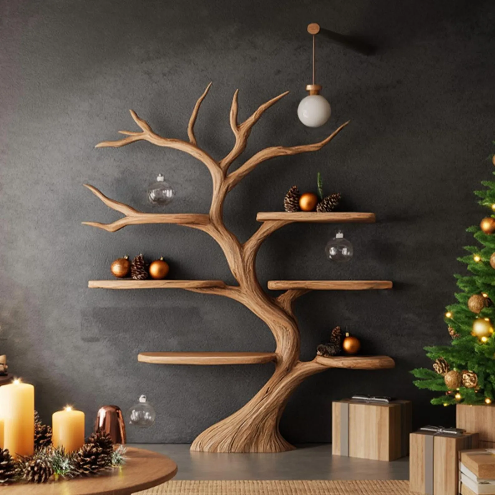 Tree Bookshelf Wood Bookcase Wall Bookshelf Handmade Furniture for Cozy Christmas Home Decor - Image 2