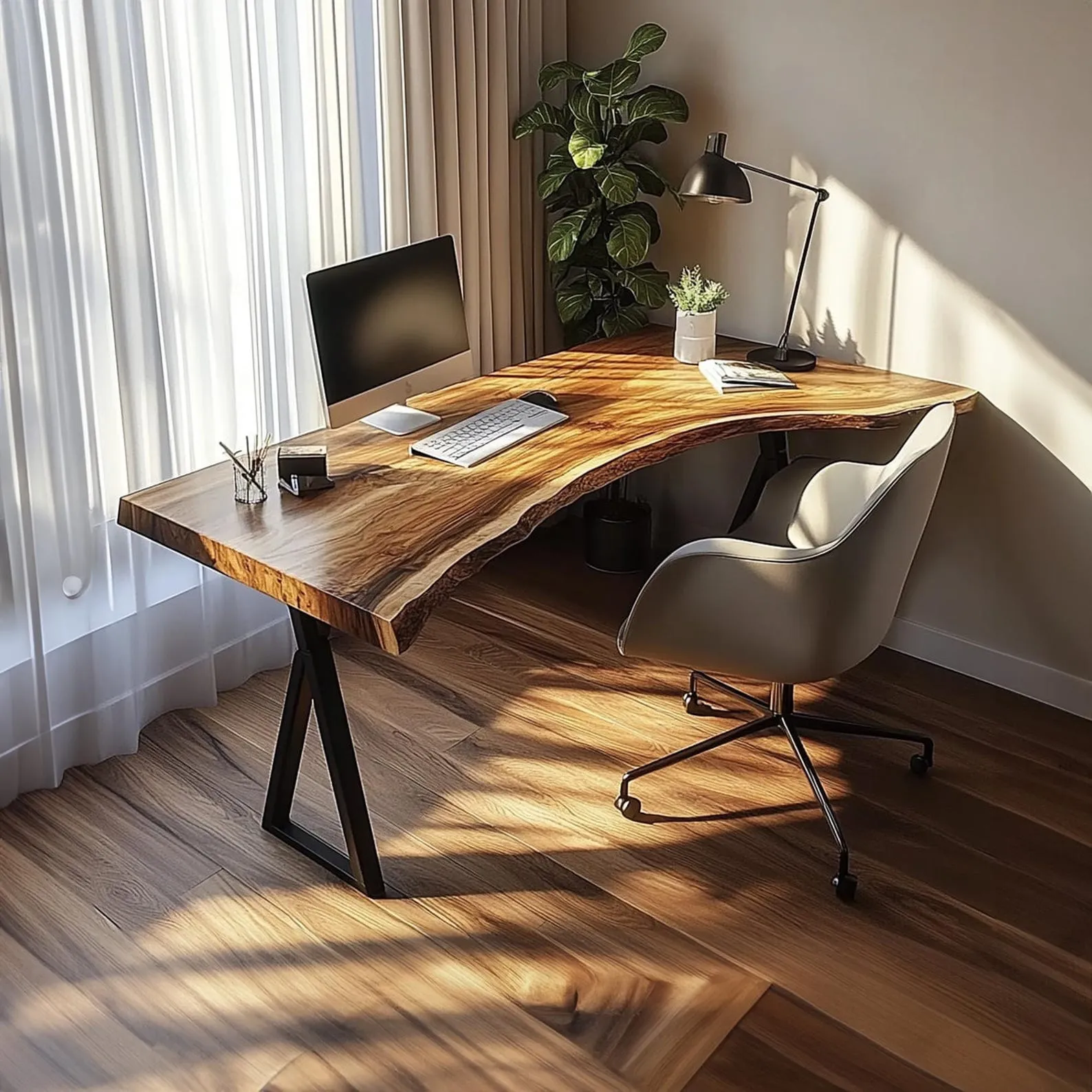 Rustic Live Edge Wooden Office Desk, Solid Wood Executive Computer Table, Natural Slab Writing Desk for Home Office