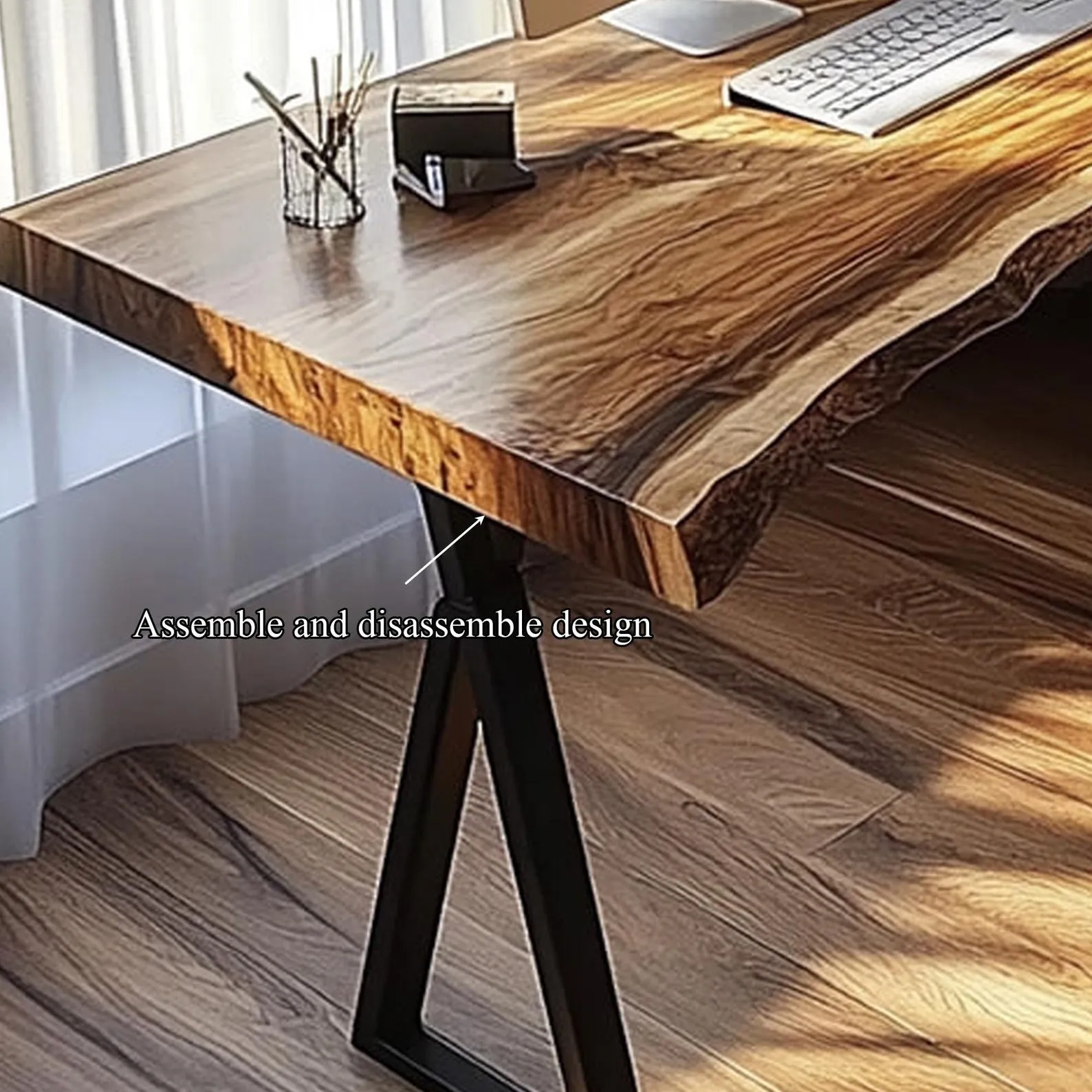 Rustic Live Edge Wooden Office Desk, Solid Wood Executive Computer Table, Natural Slab Writing Desk for Home Office - Image 4