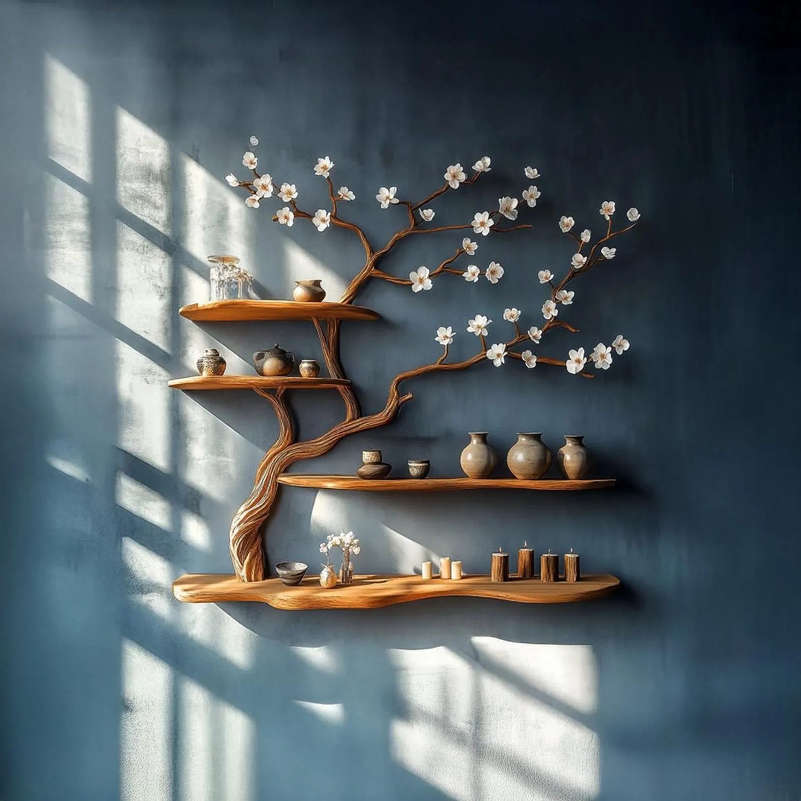 Rustic Solid Wood Tree Bookshelf Wall Art, Handcrafted Blossom Branch Shelf, Nature Inspired Living Room Decor