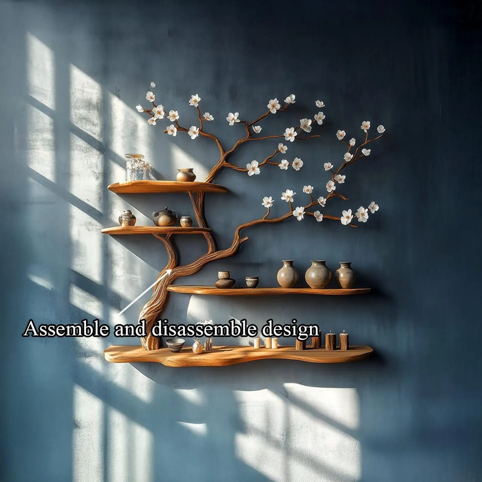 Rustic Solid Wood Tree Bookshelf Wall Art, Handcrafted Blossom Branch Shelf, Nature Inspired Living Room Decor - Image 2