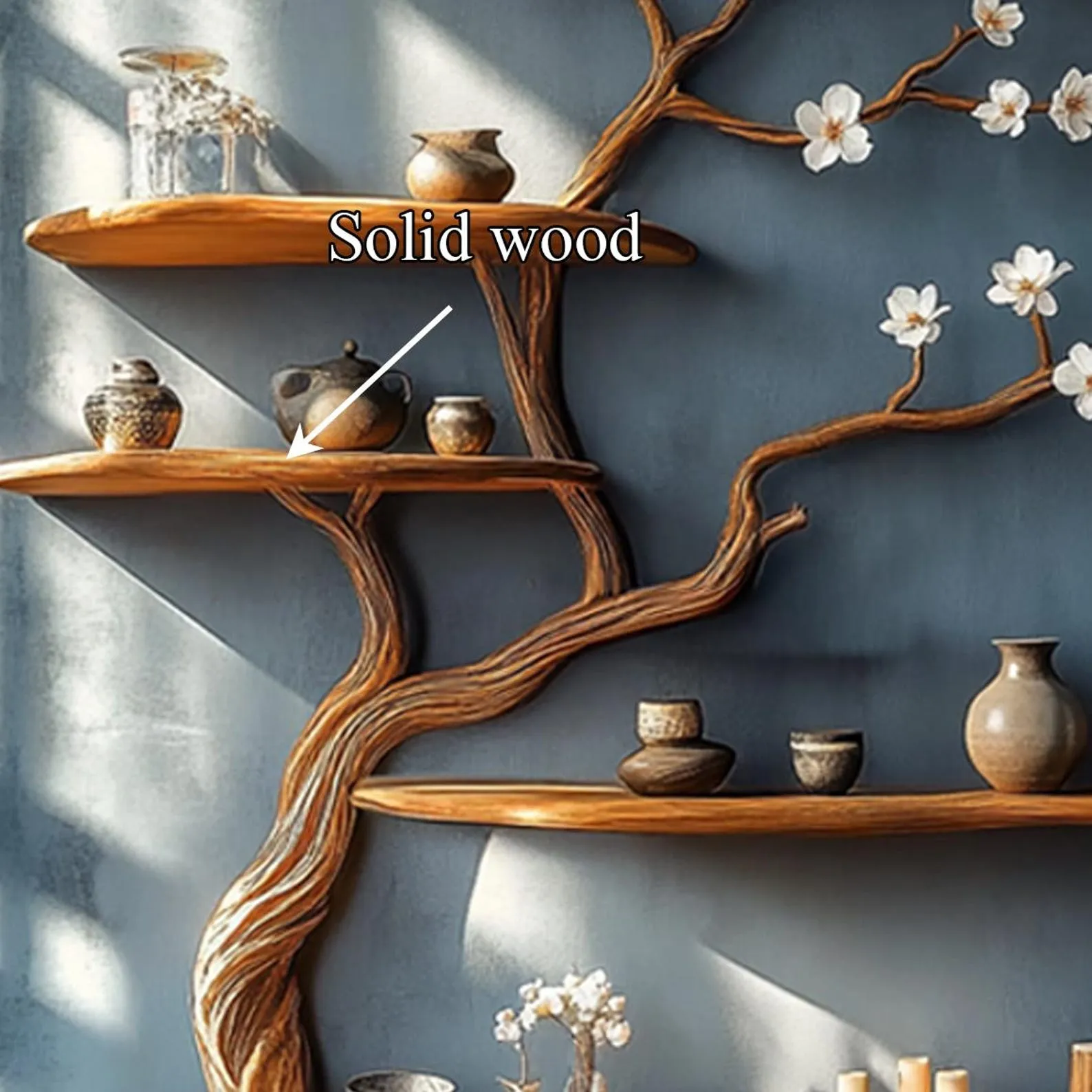 Rustic Solid Wood Tree Bookshelf Wall Art, Handcrafted Blossom Branch Shelf, Nature Inspired Living Room Decor - Image 3