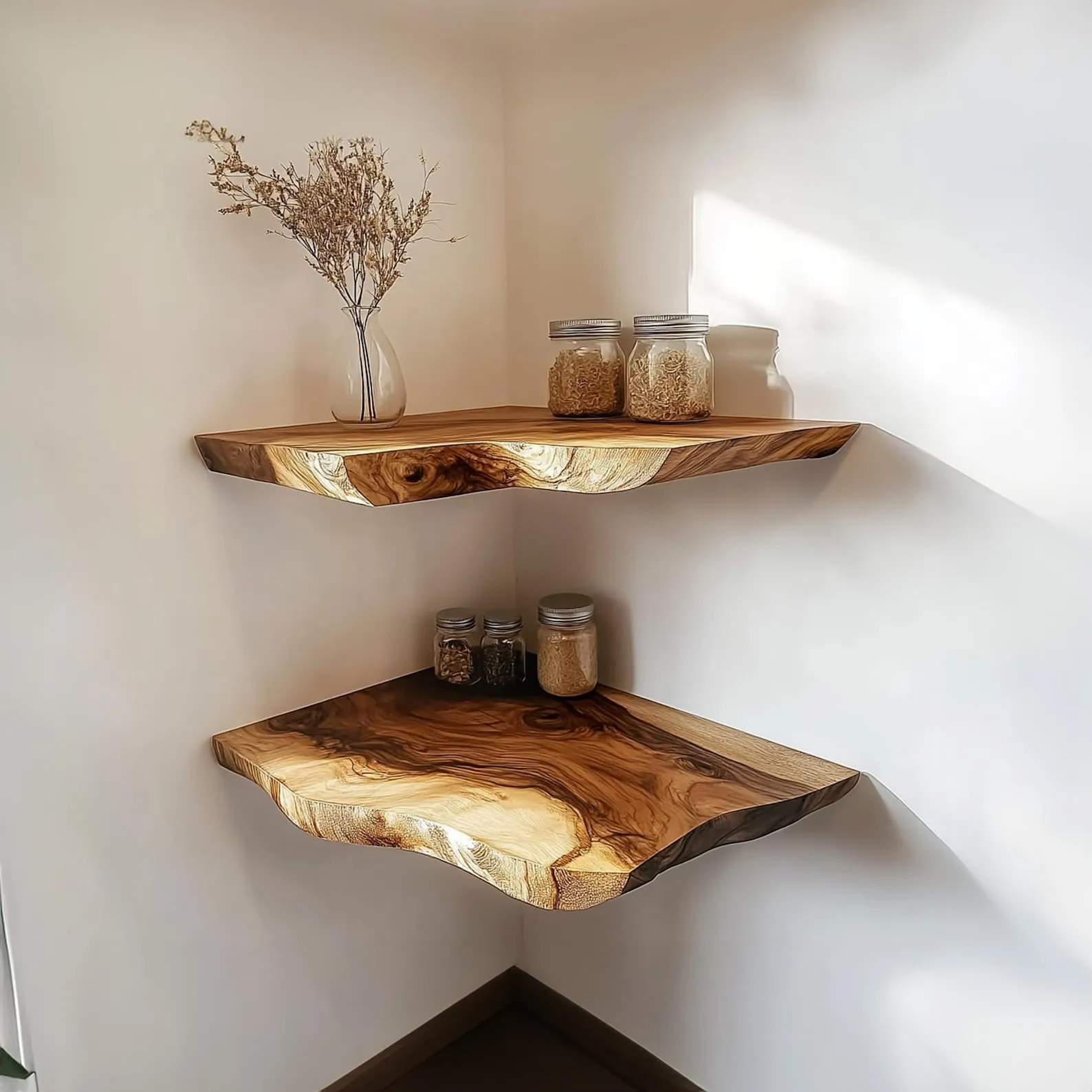 Rustic Floating Shelf Solid Natural Wood Corner Shelf Farmhouse Style Kitchen and Living Room Decor