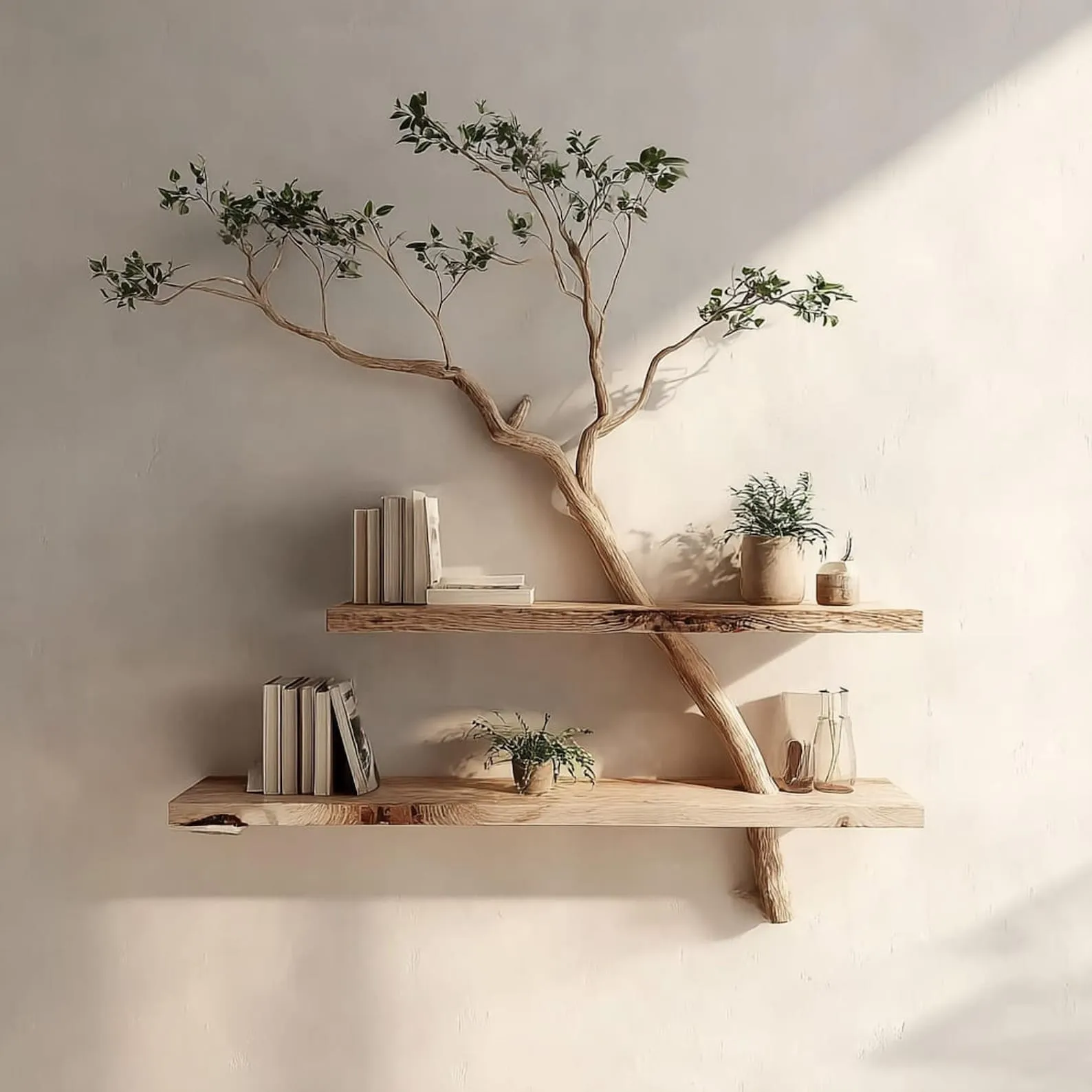 Rustic solid driftwood branch tree bookshelf custom floating wood shelf book rack for wall live edge shelf decor living room gift