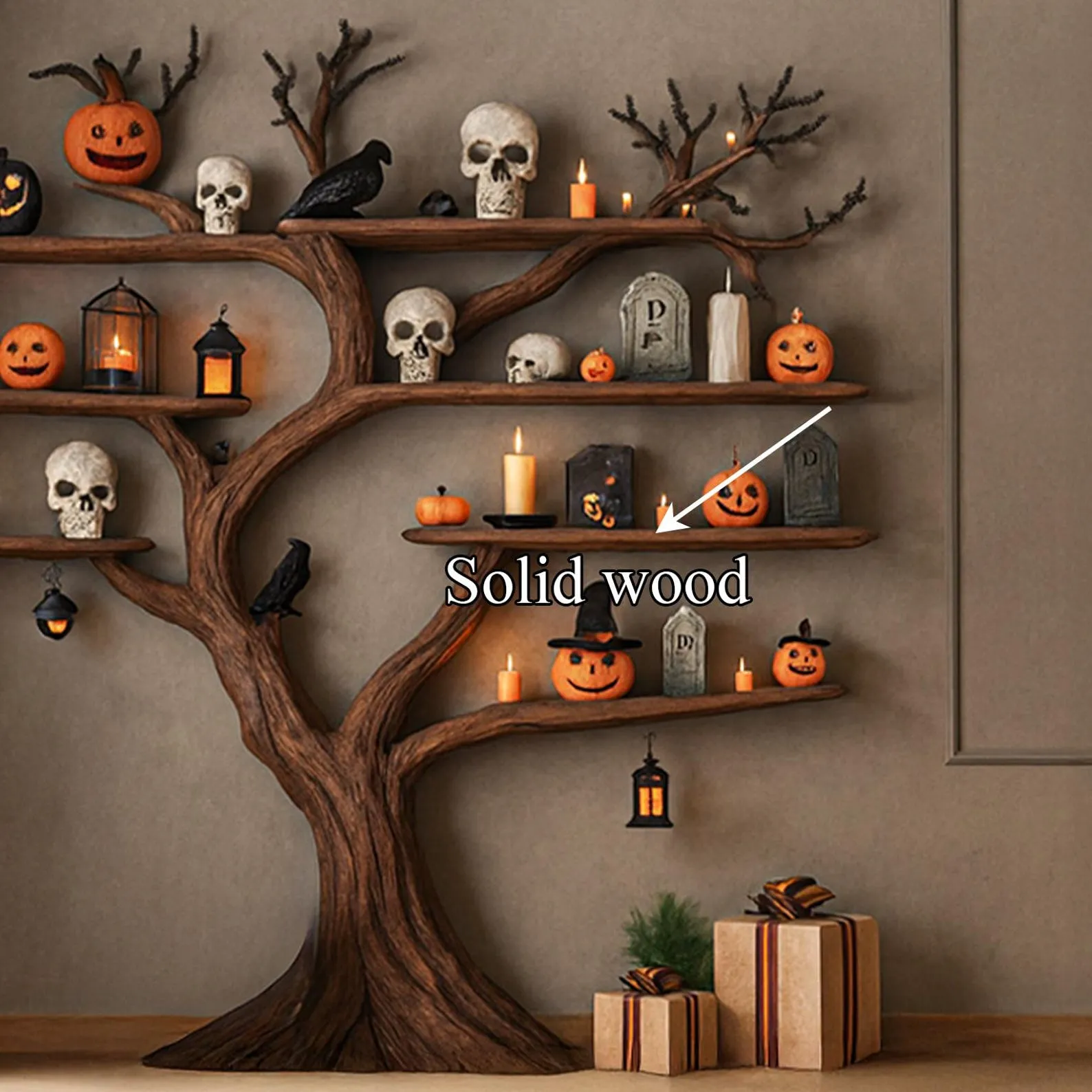 Tree Shaped Bookshelf Solid Wood Custom Bookcase Rustic Handmade Furniture Natural Wood Shelf Display for Halloween Decor - Image 4