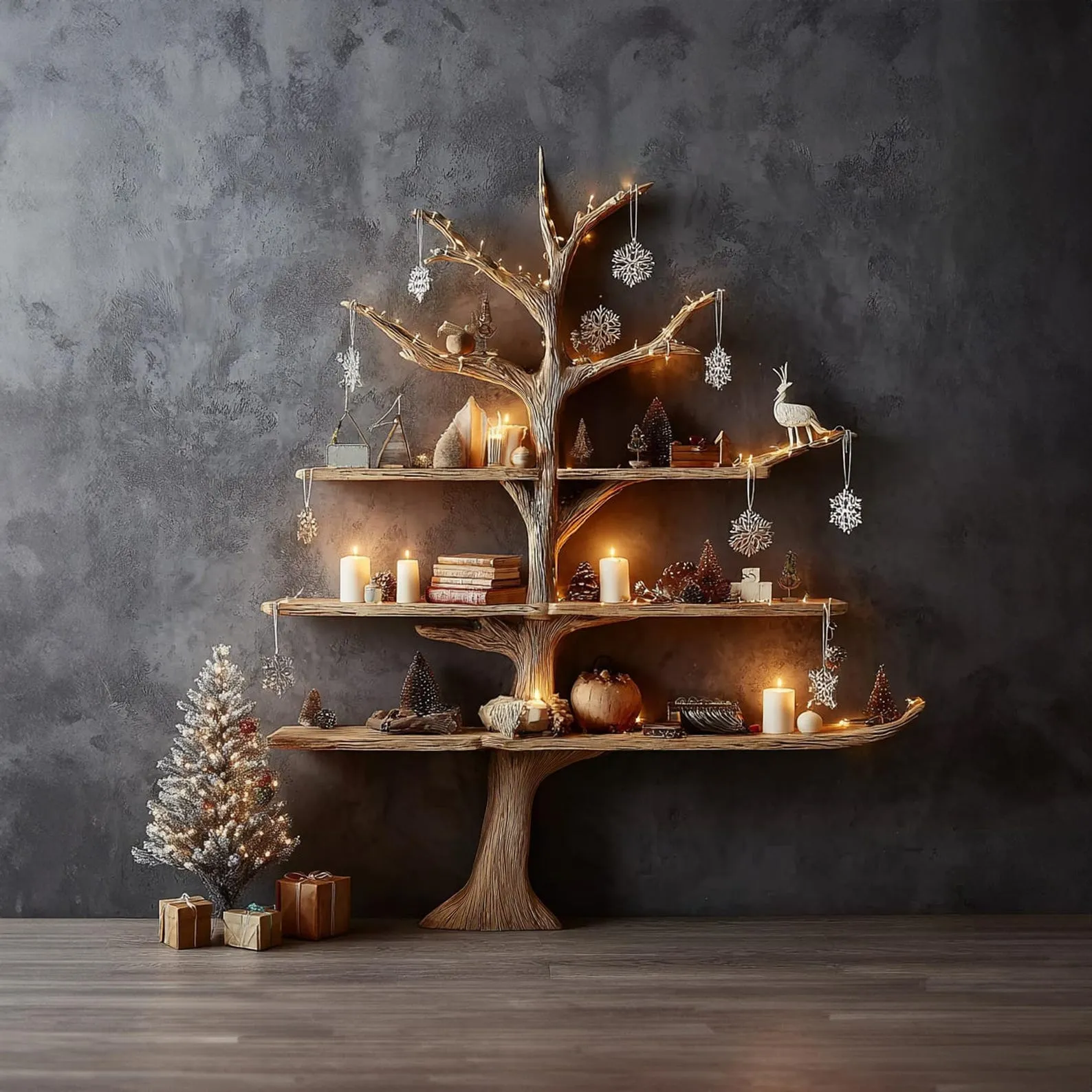 Tree Shaped Wooden Bookshelf Rustic Floating Bookshelf Wooden Shelves for Living Room Nursery and Christmas Home Decor Gift