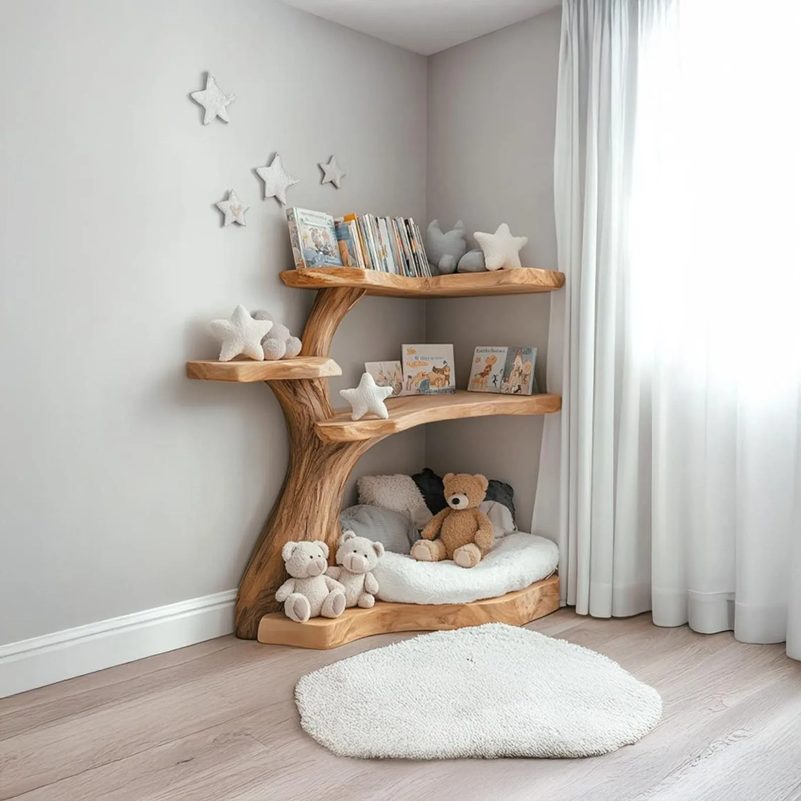 Tree Shaped Bookshelf Natural Wood Custom Wall Book Shelf Handmade Furniture Bed Room and Home Decor