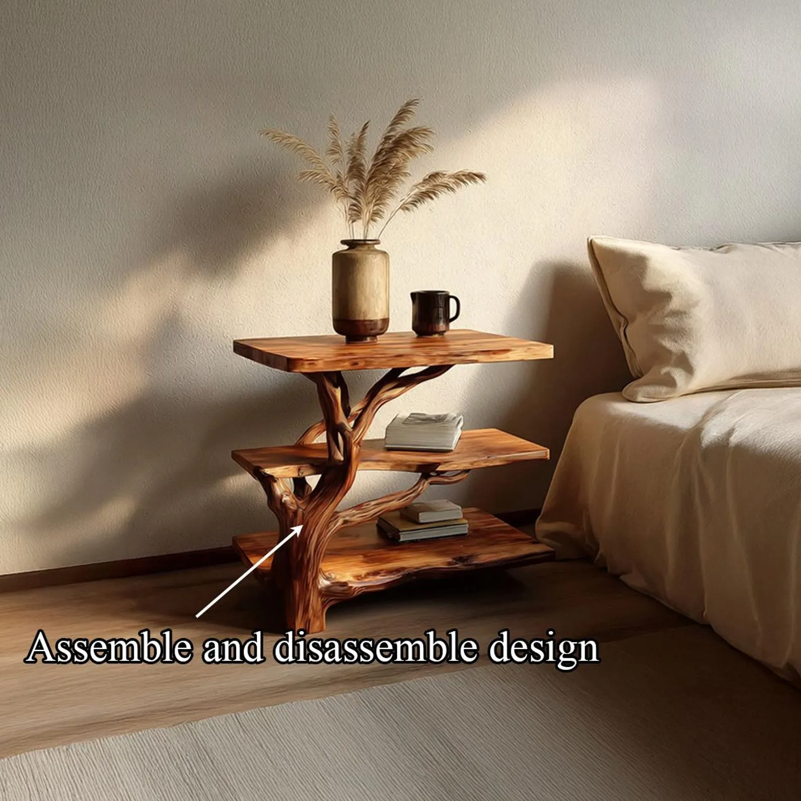 Farmhouse nightstand floating shelf wall art bedroom handmade end table natural wood bedside shelf rustic bedside table gift for home - Image 5