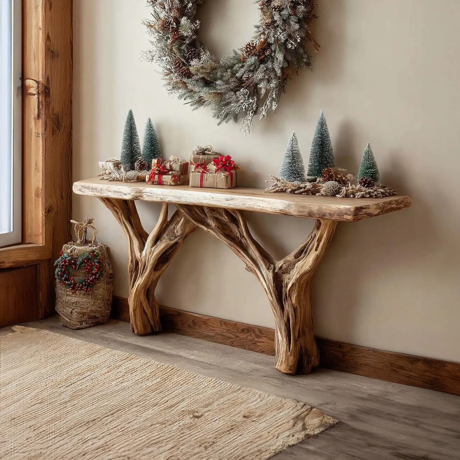 Driftwood farmhouse wall table reclaimed wood console table handmade wooden entry way table console furniture unique home decor gift