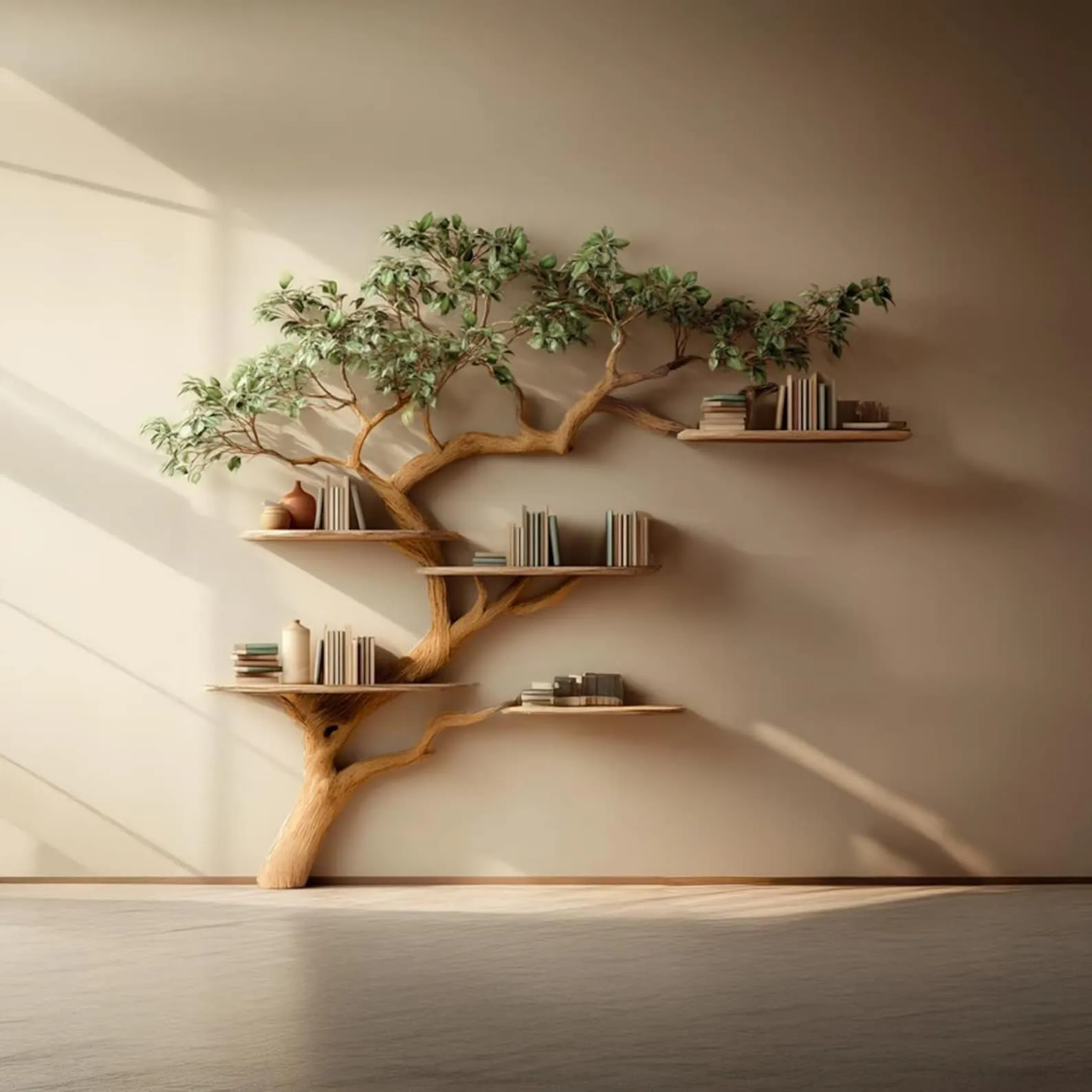 Custom Tree Bookshelf Rustic Wood Bookcase Unique Wall Shelf Art Natural Wooden Furniture Home & Office Decor