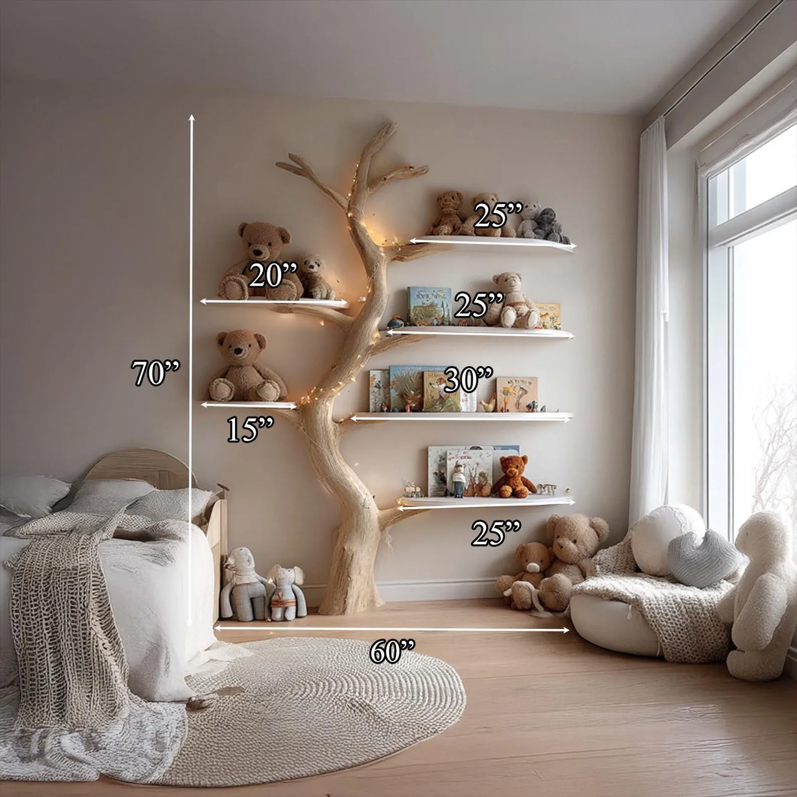 Handmade Tree Bookshelf Montessori Kids Bookcase Floating Nursery Wall Shelf Skinny Bookshelf for Baby Room and Kids Decor - Image 3