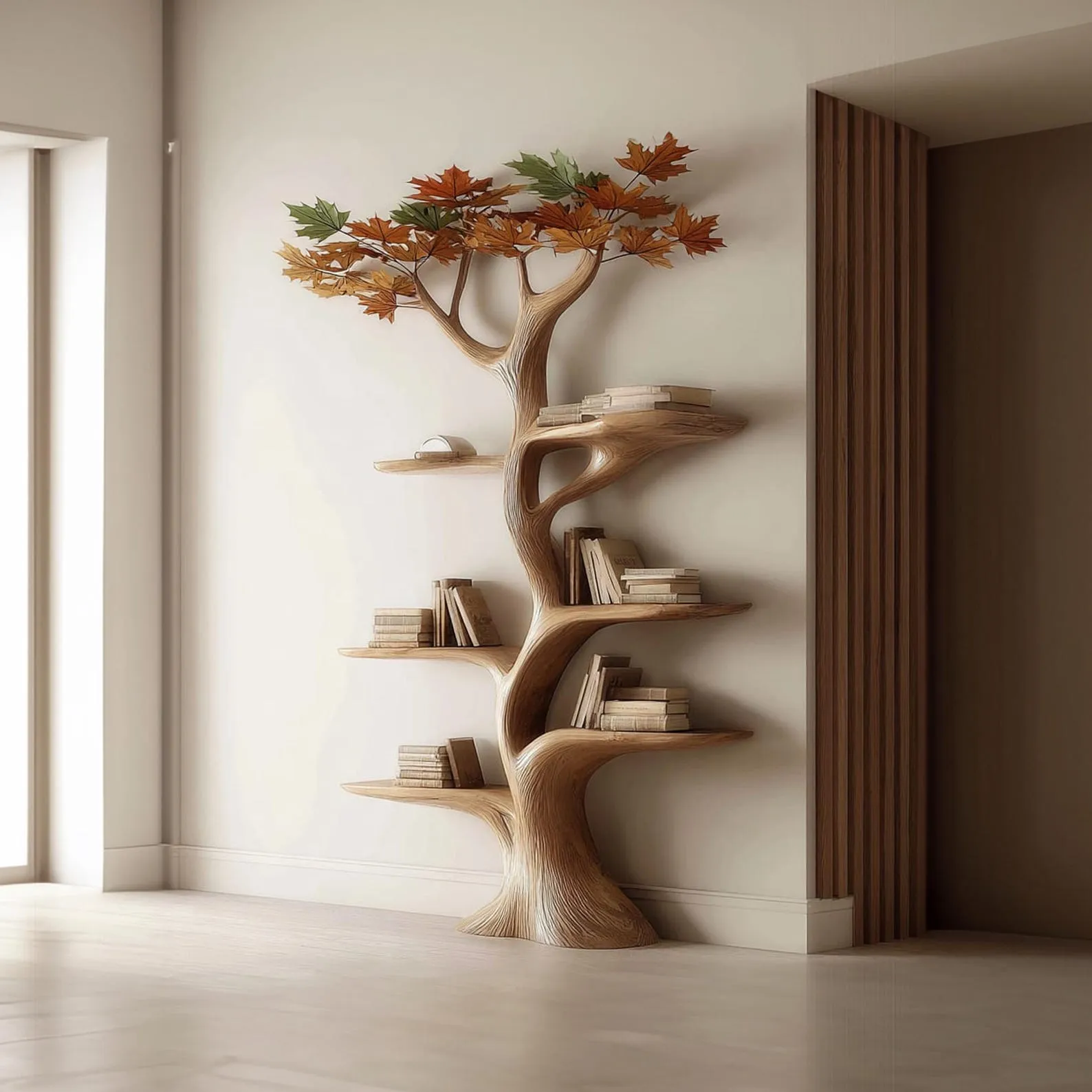 Custom Tree Bookshelf Rustic Wooden Book Tree Shelf Unique Wall-Mounted Bookcase Natural Wood Furniture, Home Office Decor Gift