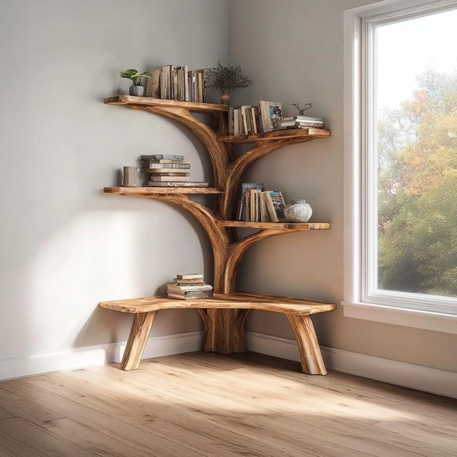 Rustic Tree Branch Floating Corner Shelf L-Shaped Bench Handmade Driftwood Wall Shelf Seating Multi- Functional Home Storage Decor Home Gift